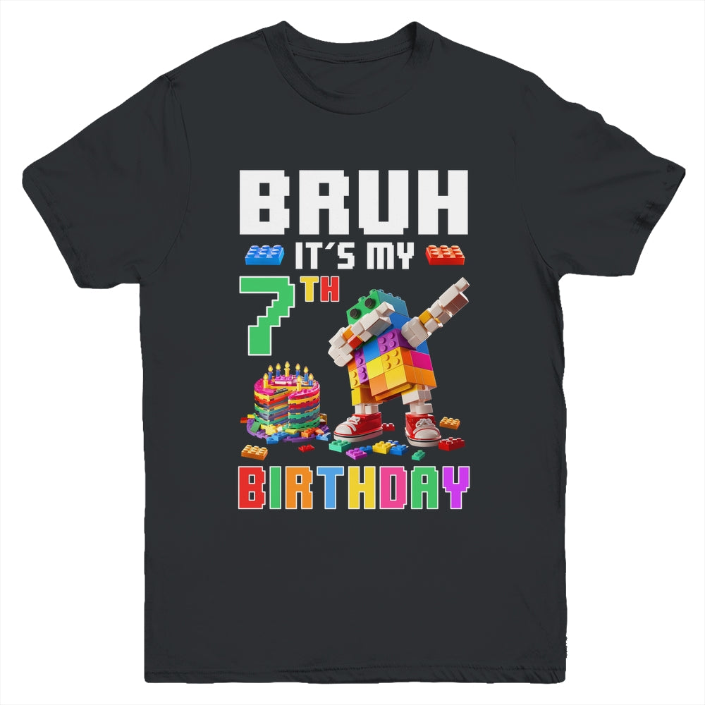 Bruh Its My 7th Birthday Master Builder Dabbing Block Brick Youth Shirt | siriusteestore