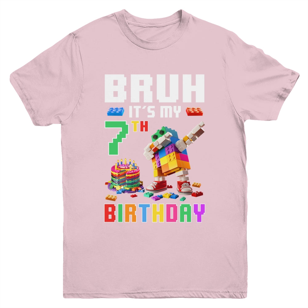 Bruh Its My 7th Birthday Master Builder Dabbing Block Brick Youth Shirt | siriusteestore
