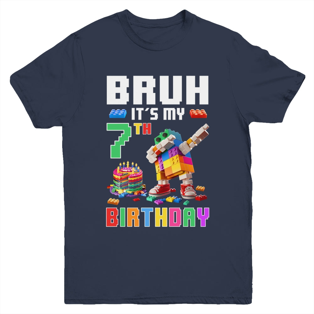 Bruh Its My 7th Birthday Master Builder Dabbing Block Brick Youth Shirt | siriusteestore