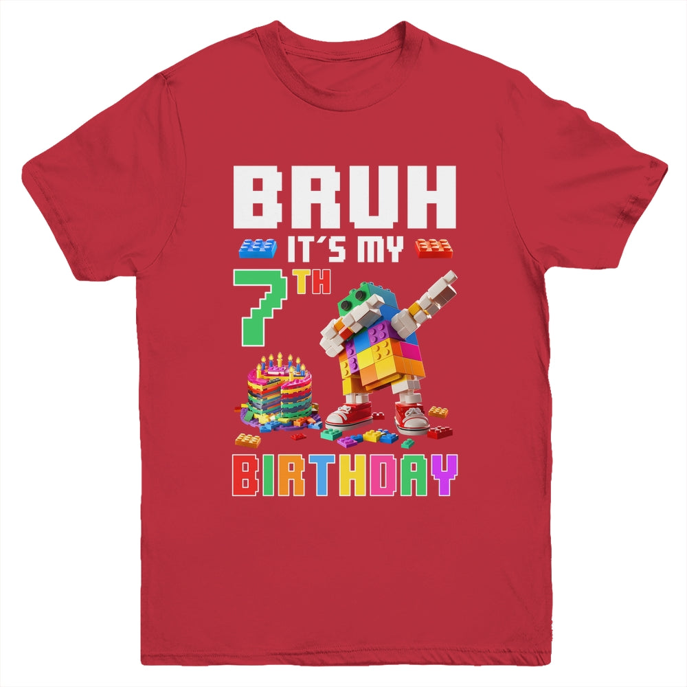 Bruh Its My 7th Birthday Master Builder Dabbing Block Brick Youth Shirt | siriusteestore