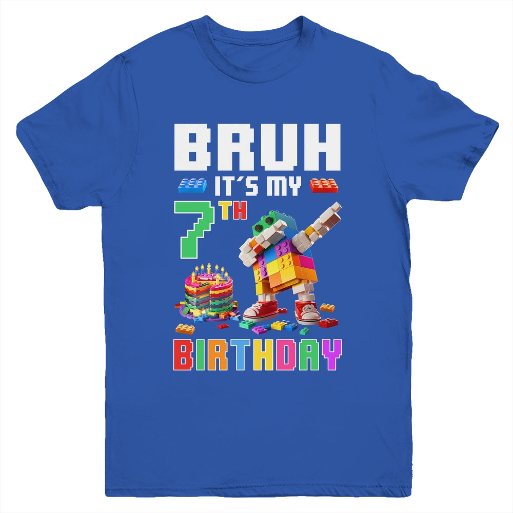 Bruh Its My 7th Birthday Master Builder Dabbing Block Brick Youth Shirt | siriusteestore