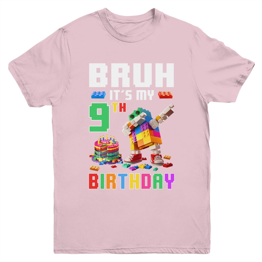 Bruh Its My 9th Birthday Master Builder Dabbing Block Brick Youth Shirt | siriusteestore