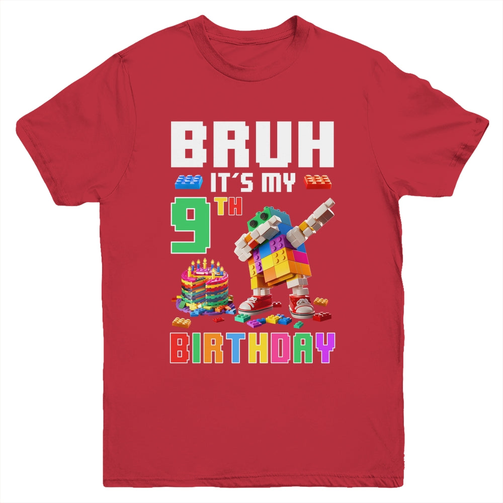 Bruh Its My 9th Birthday Master Builder Dabbing Block Brick Youth Shirt | siriusteestore