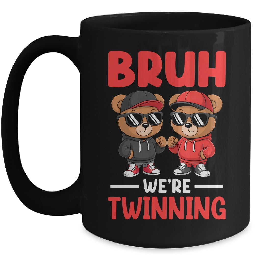 Bruh We're Twinning Boys Twin Day Spirit Week Bear Kids Mug | siriusteestore