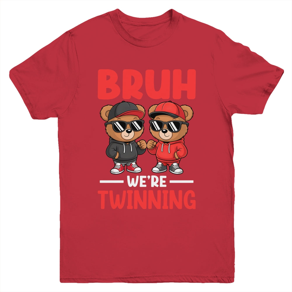 Bruh We're Twinning Boys Twin Day Spirit Week Bear Kids Youth Shirt | siriusteestore