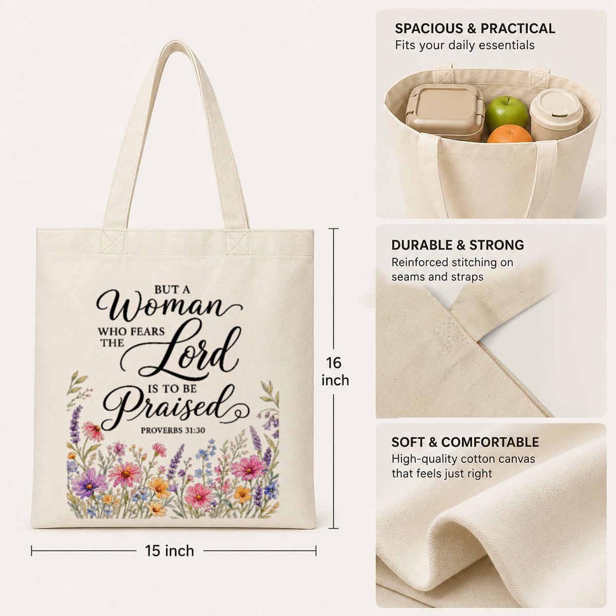 But A Woman Who Fears The Lord Is To Be Praised Proverbs 31 30 Floral Christian Tote Bag Bible Verse Faith Canvas Bag Gift For Women Church Shopping Beach | siriusteestore