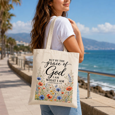 But By The Grace Of God I Am What I Am 1 Corinthians 15:10 Floral Christian Tote Bag For Women Bible Verse Canvas Bag Faith Religious Church Gift Shopping Beach | siriusteestore