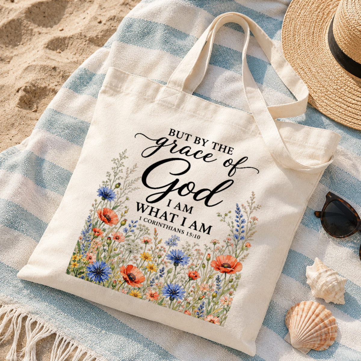 But By The Grace Of God I Am What I Am 1 Corinthians 15:10 Floral Christian Tote Bag For Women Bible Verse Canvas Bag Faith Religious Church Gift Shopping Beach | siriusteestore
