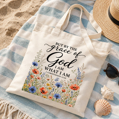 But By The Grace Of God I Am What I Am 1 Corinthians 15:10 Floral Christian Tote Bag For Women Bible Verse Canvas Bag Faith Religious Church Gift Shopping Beach | siriusteestore