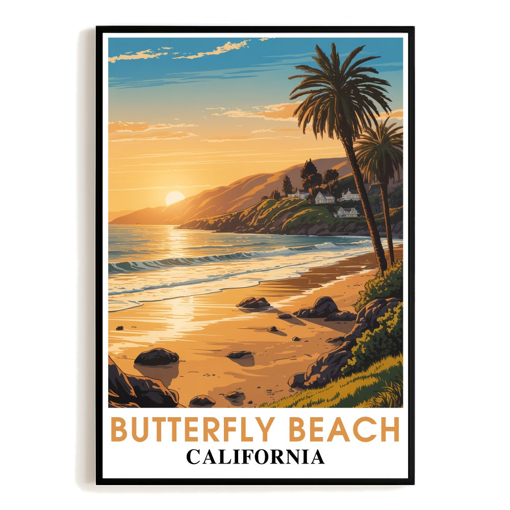 Butterfly Beach California Vintage Travel Poster Stunning Sunset Palms Coastal Waves Wall Art Landscape Print Ideal For Home Office Living Room Bedroom Decor Unframed | siriusteestore