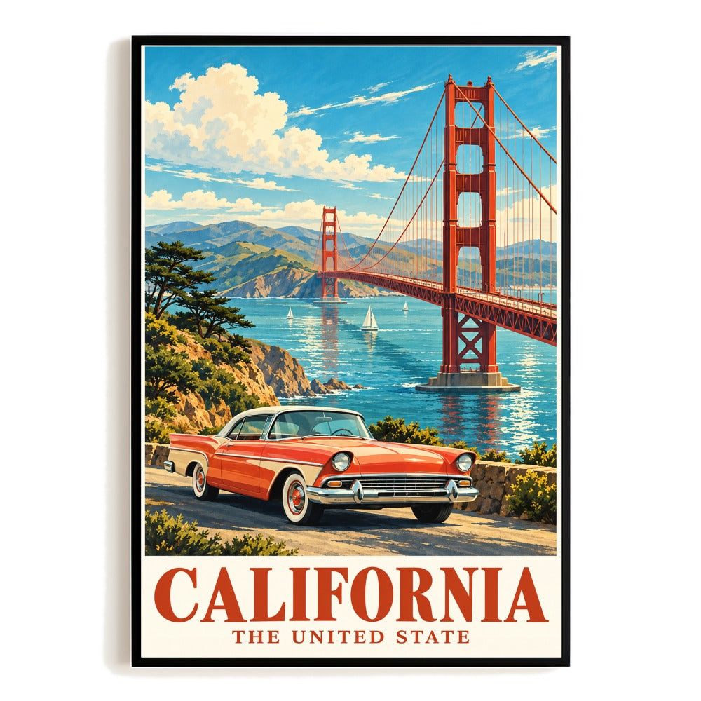 California Golden Gate Bridge Classic Car Travel Poster Vintage San Francisco Wall Art Print Coastal Road Trip Decor For Home Living Room Office Bedroom Gift Unframed | siriusteestore