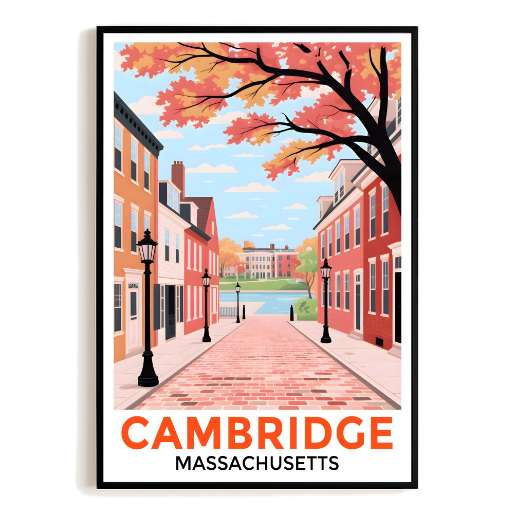 Cambridge Massachusetts Retro Travel Poster Fall Street Scene Hometown Souvenir Wall Art Landscape Print Painting Ideal For Home Office Living Room Decor Unframed | siriusteestore