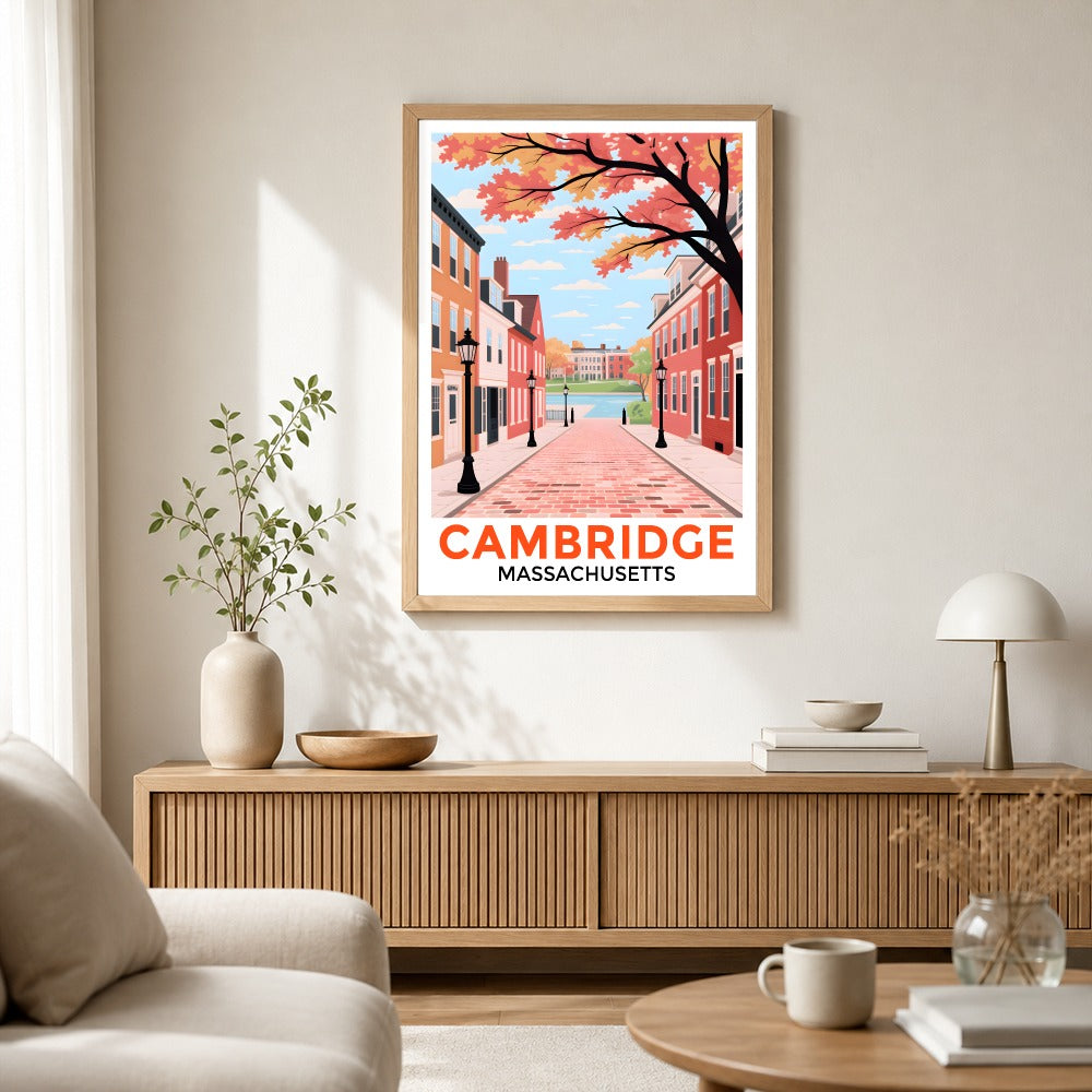 Cambridge Massachusetts Retro Travel Poster Fall Street Scene Hometown Souvenir Wall Art Landscape Print Painting Ideal For Home Office Living Room Decor Unframed | siriusteestore
