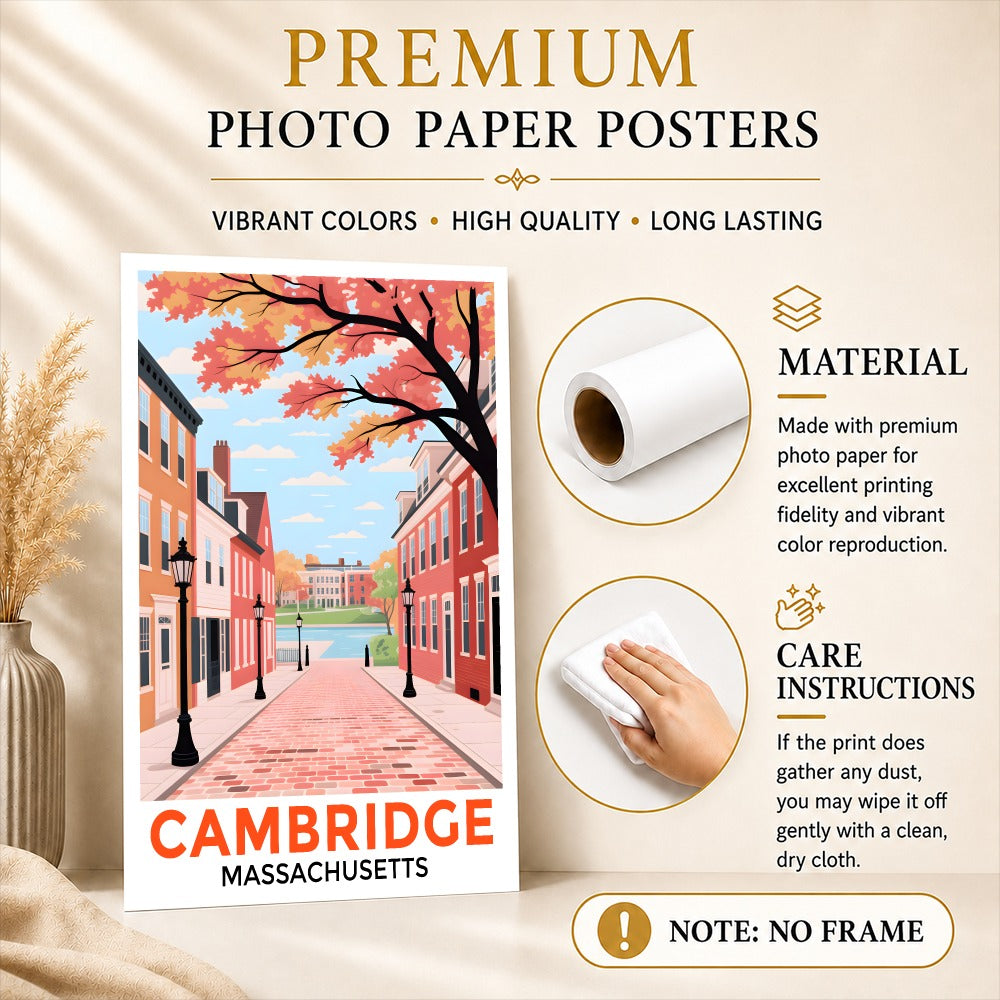 Cambridge Massachusetts Retro Travel Poster Fall Street Scene Hometown Souvenir Wall Art Landscape Print Painting Ideal For Home Office Living Room Decor Unframed | siriusteestore