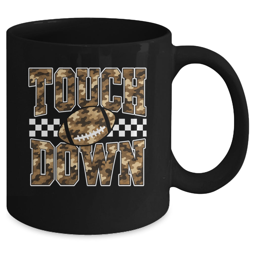 Camo Checkered Football Touchdown Game Day Fall Season Mom Mug | siriusteestore