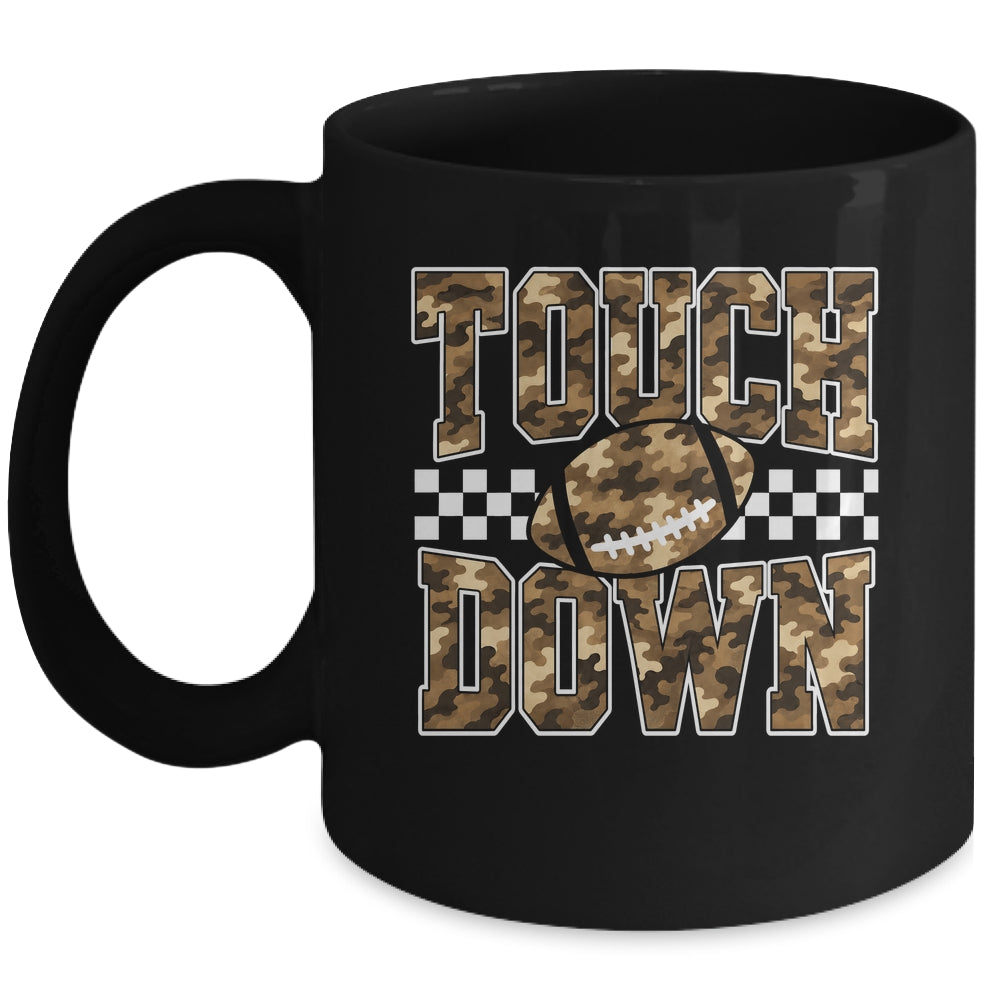 Camo Checkered Football Touchdown Game Day Fall Season Mom Mug | siriusteestore
