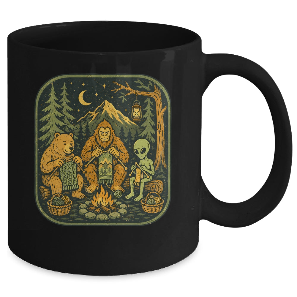 Campfire Knitting Friends Camping Retro Bigfoot Alien Bear Mug | siriusteestore