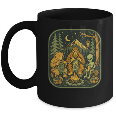 Campfire Knitting Friends Camping Retro Bigfoot Alien Bear Mug | siriusteestore