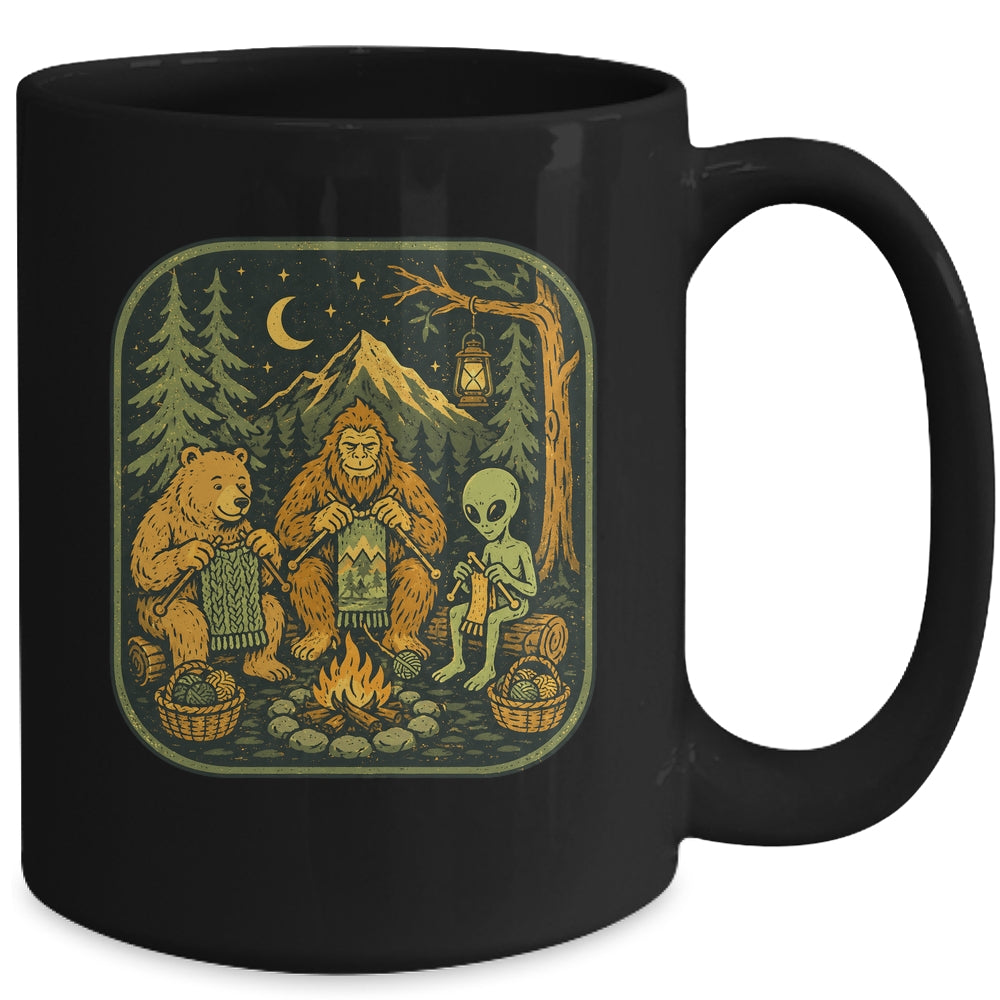 Campfire Knitting Friends Camping Retro Bigfoot Alien Bear Mug | siriusteestore