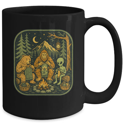 Campfire Knitting Friends Camping Retro Bigfoot Alien Bear Mug | siriusteestore