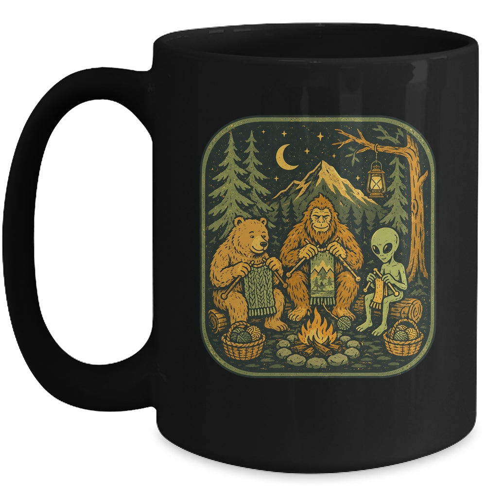 Campfire Knitting Friends Camping Retro Bigfoot Alien Bear Mug | siriusteestore
