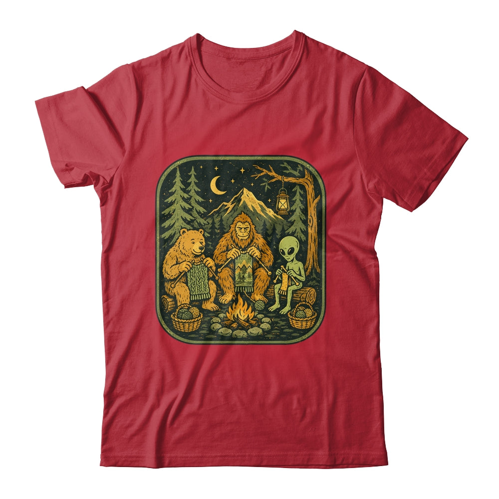 Campfire Knitting Friends Camping Retro Bigfoot Alien Bear Shirt & Hoodie | siriusteestore