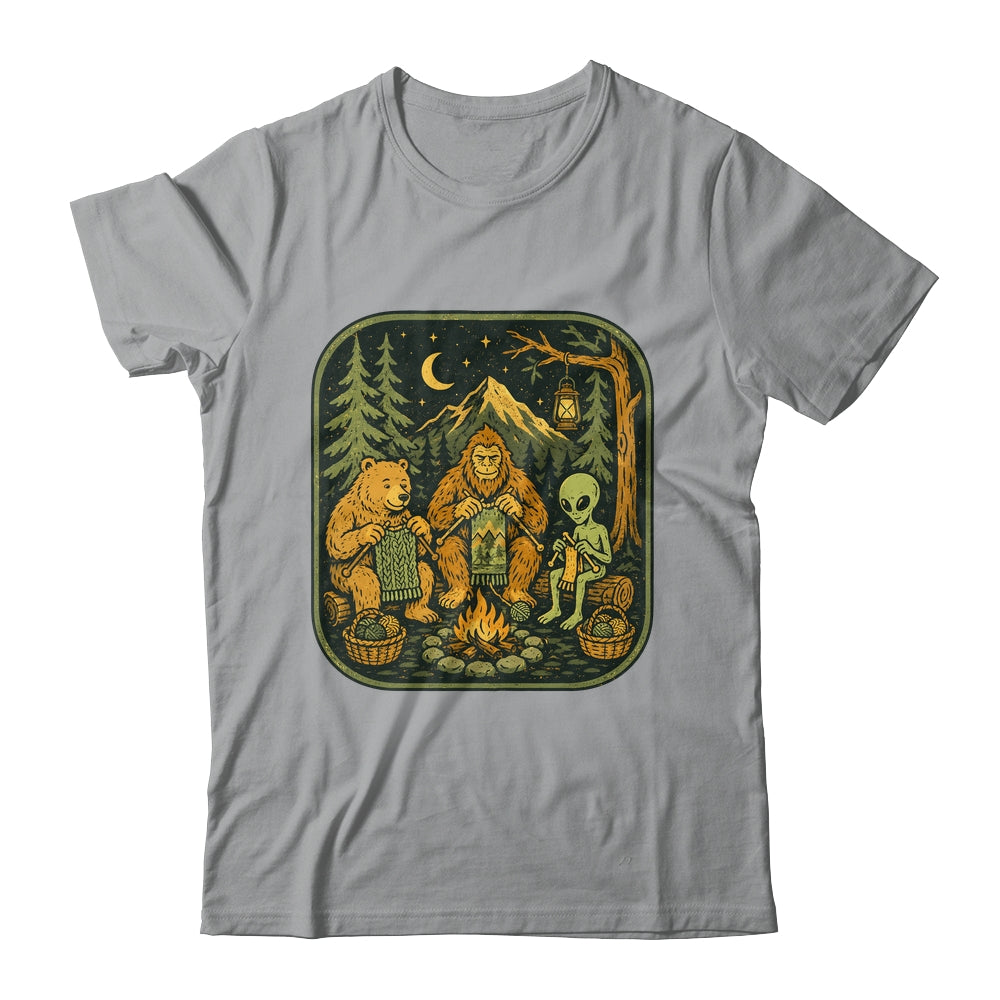 Campfire Knitting Friends Camping Retro Bigfoot Alien Bear Shirt & Hoodie | siriusteestore