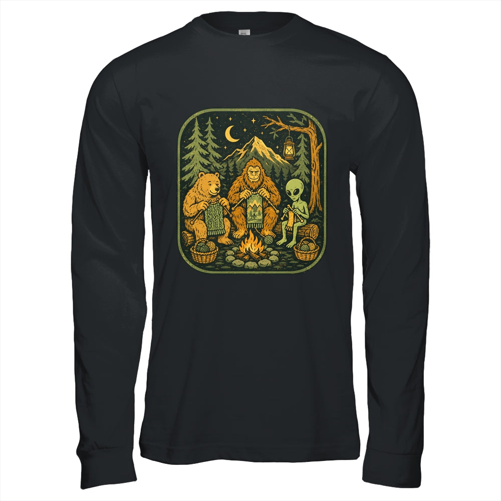 Campfire Knitting Friends Camping Retro Bigfoot Alien Bear Shirt & Hoodie | siriusteestore