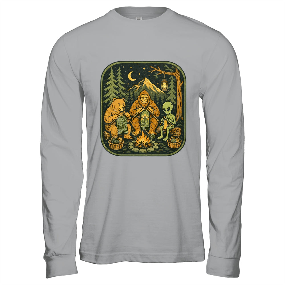 Campfire Knitting Friends Camping Retro Bigfoot Alien Bear Shirt & Hoodie | siriusteestore