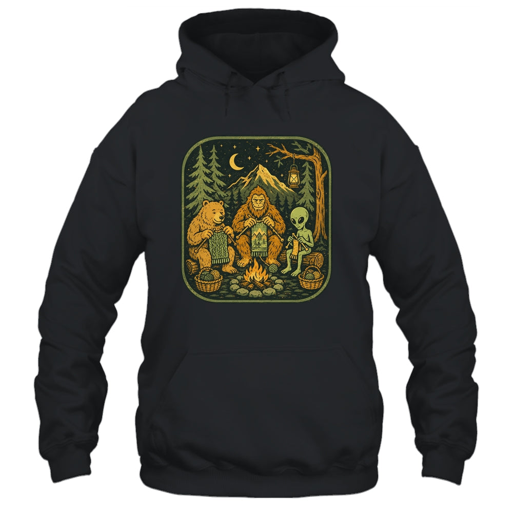 Campfire Knitting Friends Camping Retro Bigfoot Alien Bear Shirt & Hoodie | siriusteestore