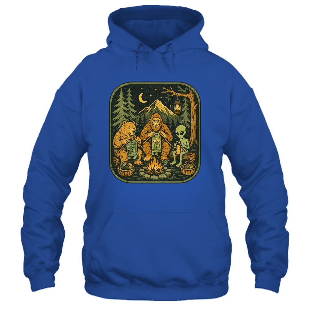 Campfire Knitting Friends Camping Retro Bigfoot Alien Bear Shirt & Hoodie | siriusteestore
