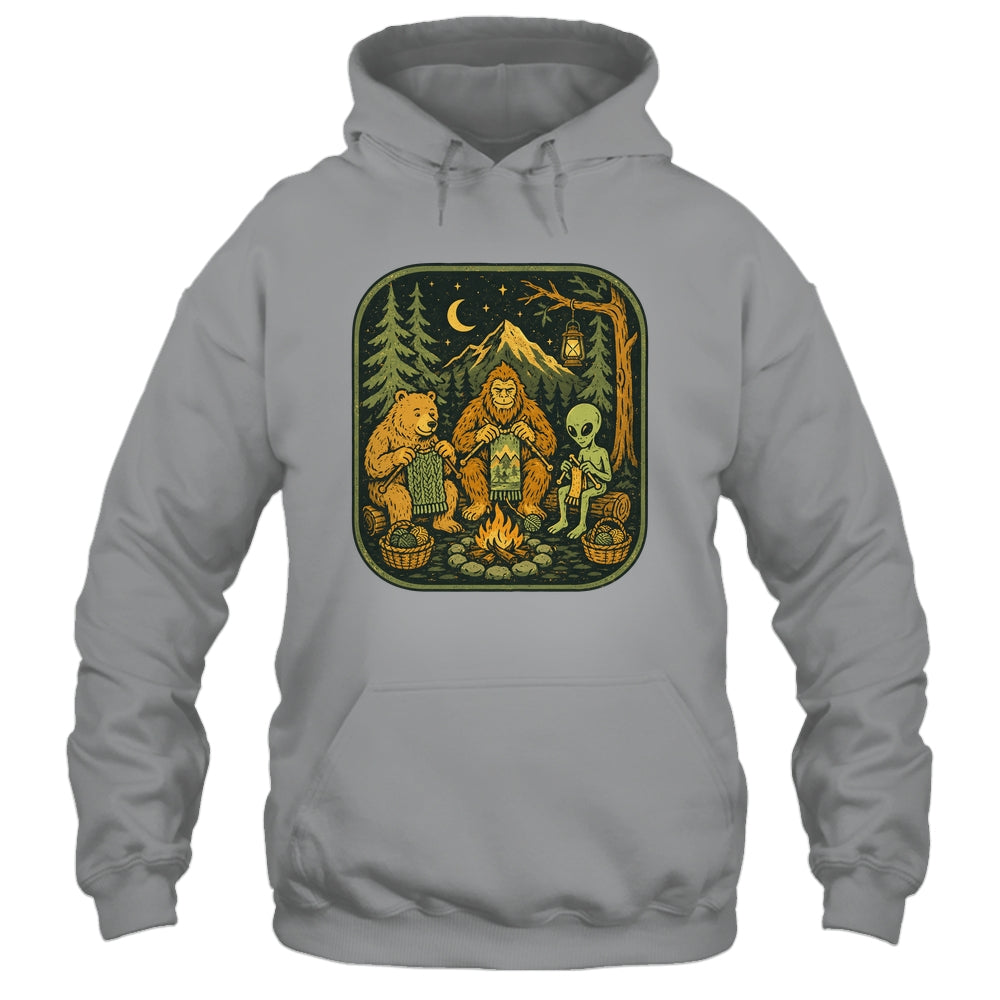 Campfire Knitting Friends Camping Retro Bigfoot Alien Bear Shirt & Hoodie | siriusteestore