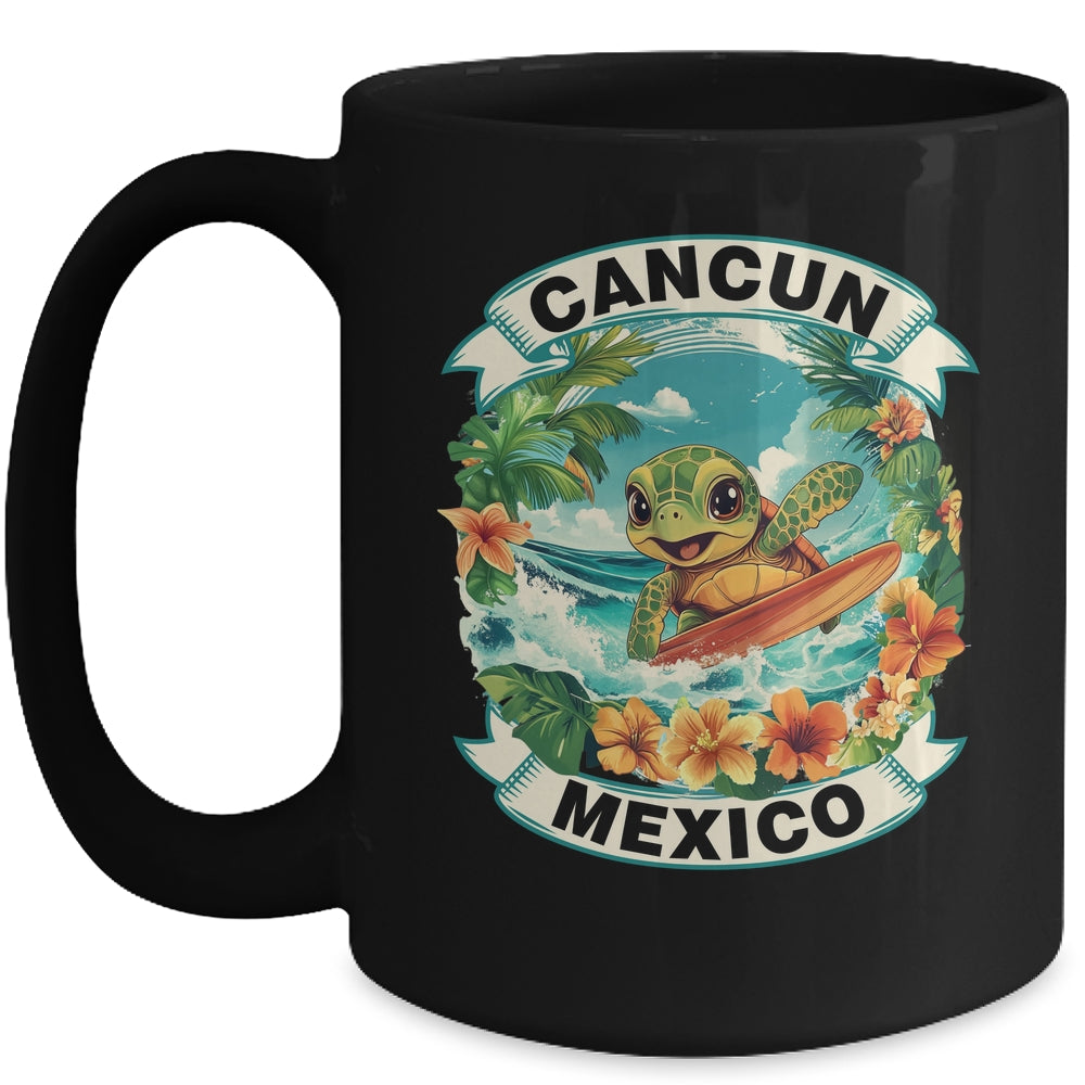 Cancun Mexico Cute Sea Turtle Surfing Summer Vacation Mug | siriusteestore