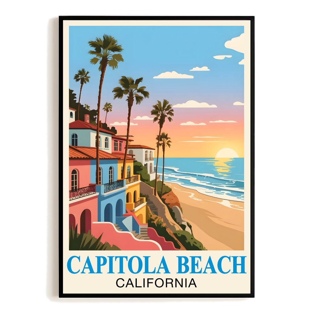 Capitola Beach California Vintage Travel Poster Coastal Homes Palm Trees Sunset Wall Art Landscape Print Ideal For Home Office Living Room Bedroom Decor Unframed | siriusteestore
