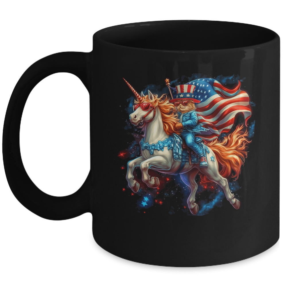 Cat Riding Unicorn USA Flag Patriotic 4th Of July Women Girl Mug | siriusteestore