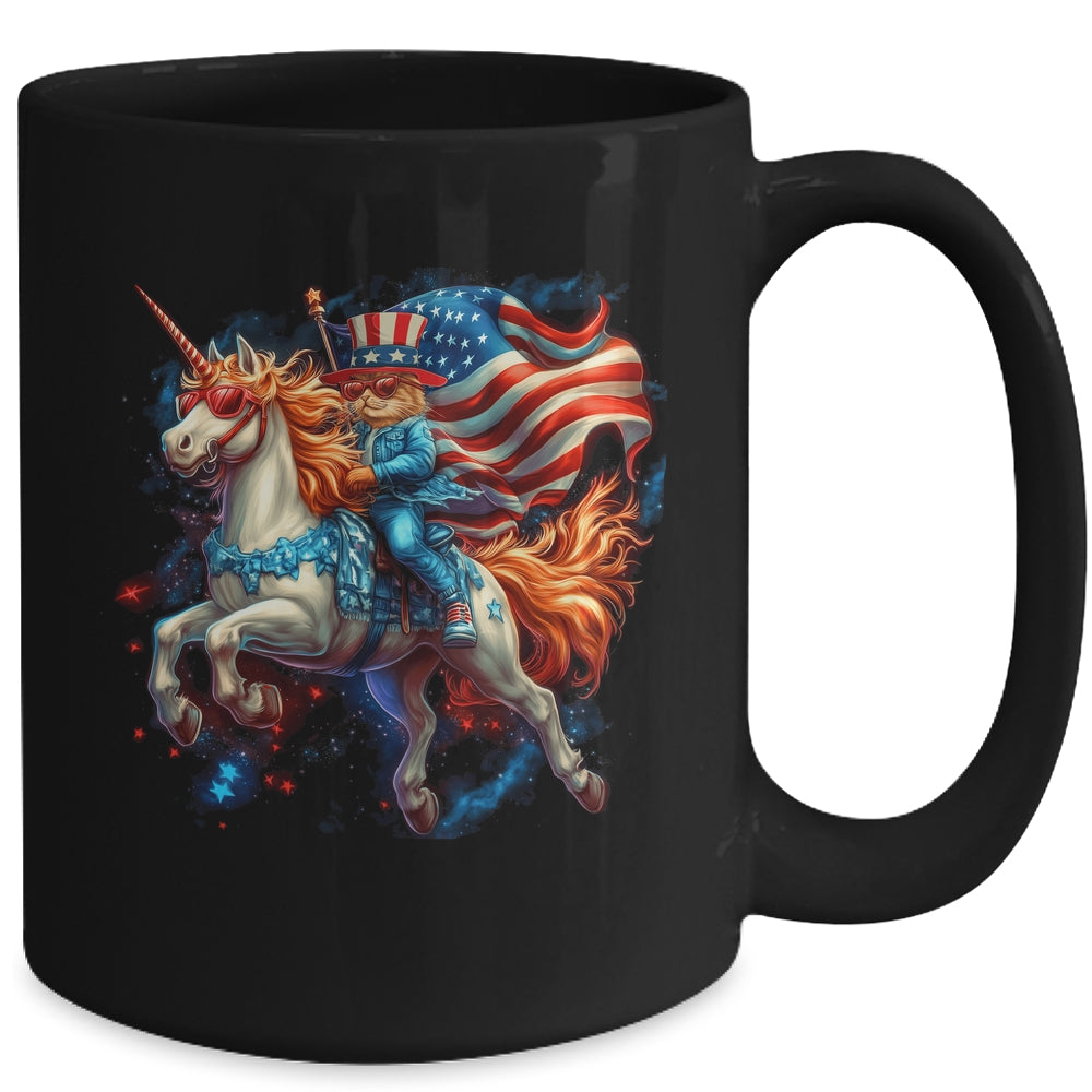 Cat Riding Unicorn USA Flag Patriotic 4th Of July Women Girl Mug | siriusteestore