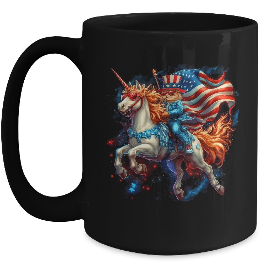 Cat Riding Unicorn USA Flag Patriotic 4th Of July Women Girl Mug | siriusteestore