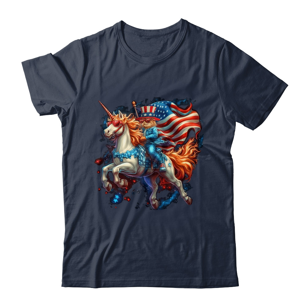 Cat Riding Unicorn USA Flag Patriotic 4th Of July Women Girl Shirt & Tank Top | siriusteestore