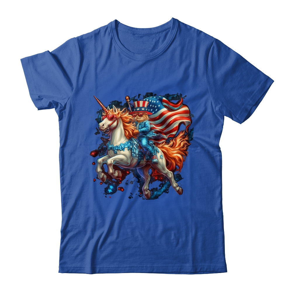 Cat Riding Unicorn USA Flag Patriotic 4th Of July Women Girl Shirt & Tank Top | siriusteestore