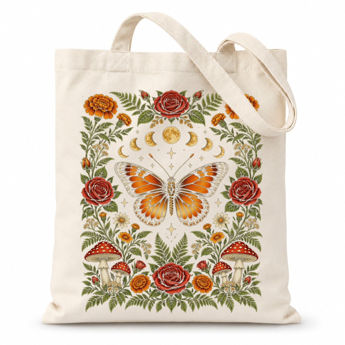 Celestial Butterfly Tote Bag Moon Phase Cottagecore Floral Mushroom Night Garden Aesthetic For Women Book Lover Nature Witchy Boho Market Friends Shoulder Bag Gift | siriusteestore