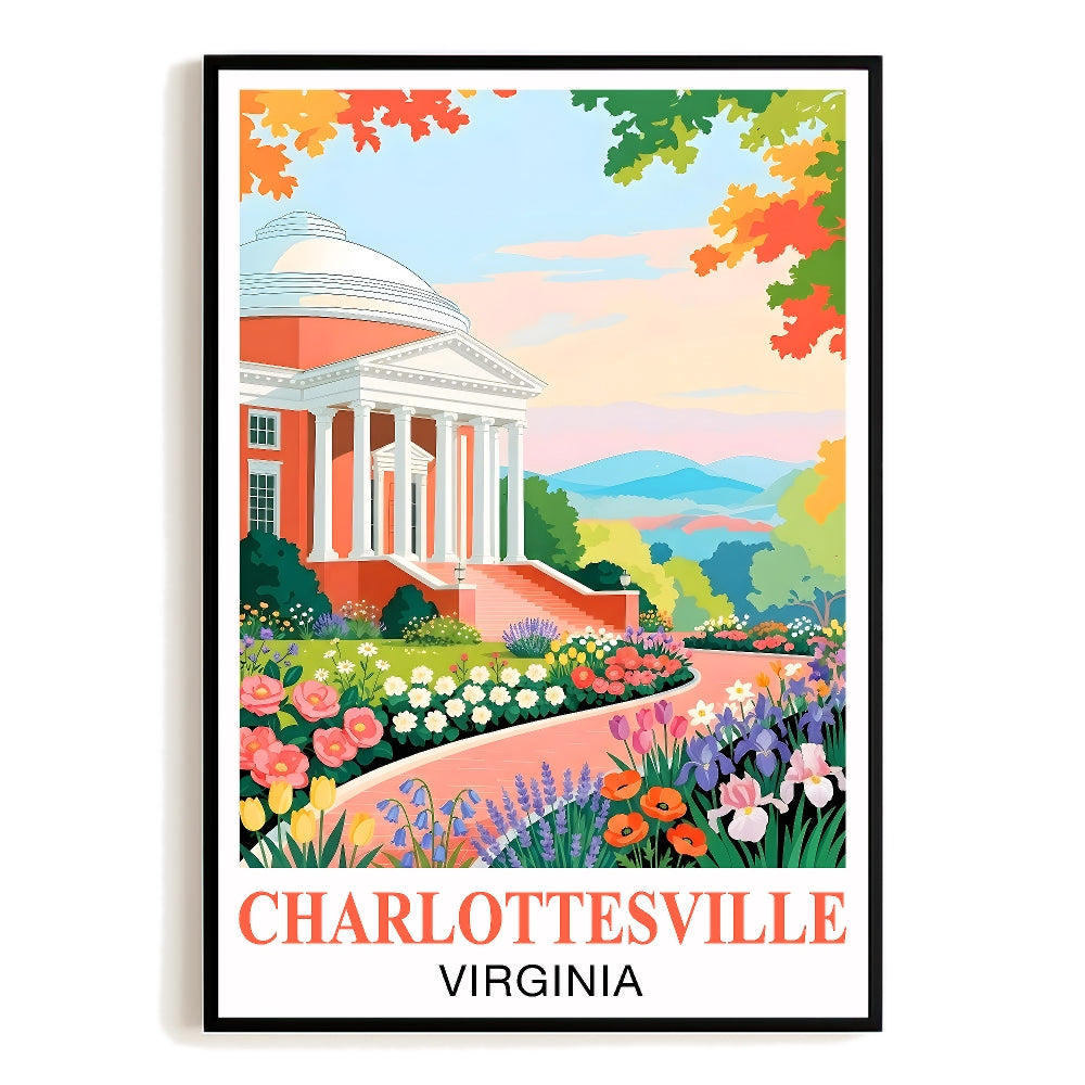 Charlottesville Virginia Travel Poster Retro Souvenir Wall Art Green Pink Orange Landscape Print Painting Ideal For Home Office Living Room Bedroom Decor Unframed | siriusteestore
