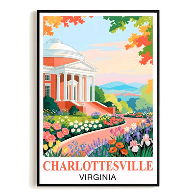 Charlottesville Virginia Travel Poster Retro Souvenir Wall Art Green Pink Orange Landscape Print Painting Ideal For Home Office Living Room Bedroom Decor Unframed | siriusteestore