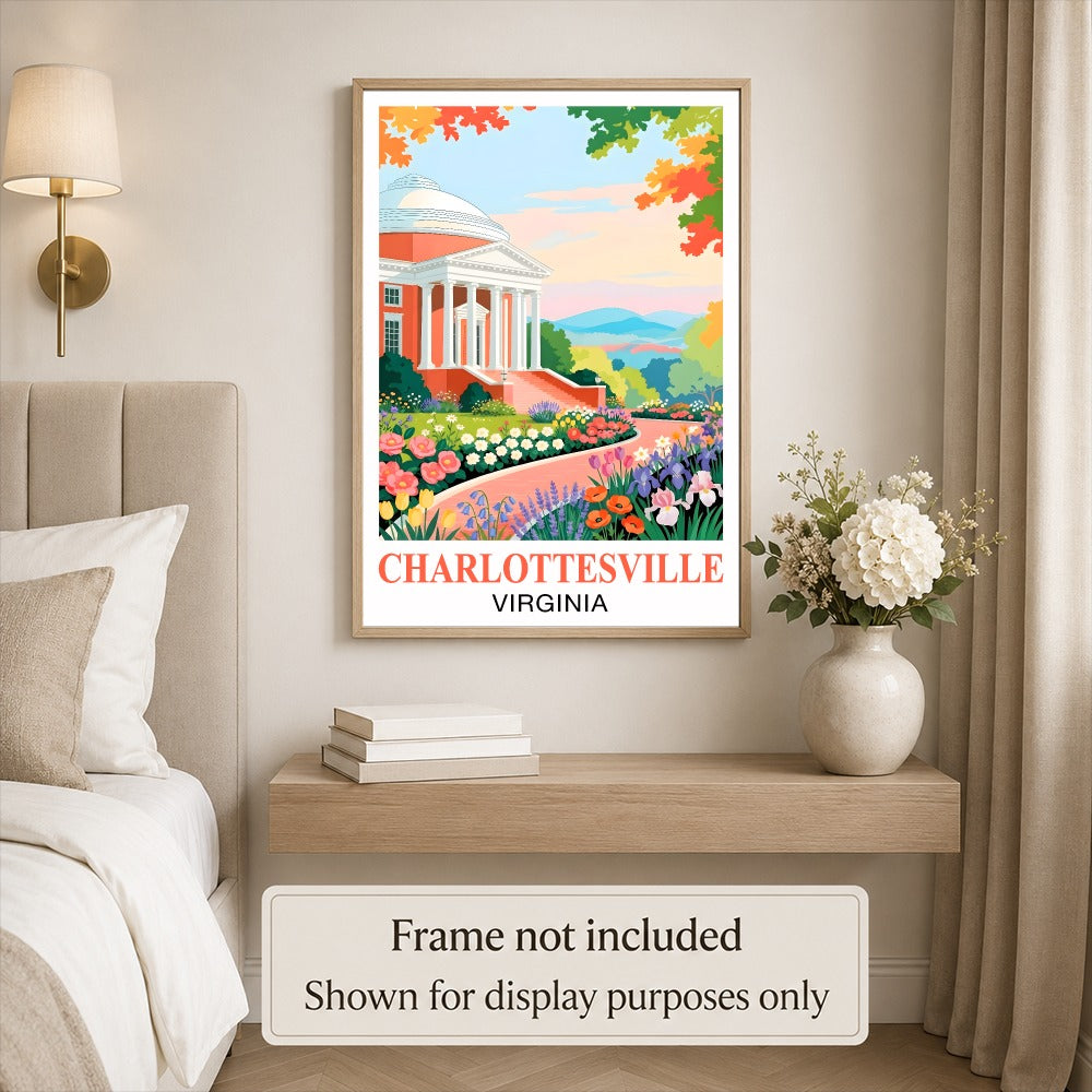 Charlottesville Virginia Travel Poster Retro Souvenir Wall Art Green Pink Orange Landscape Print Painting Ideal For Home Office Living Room Bedroom Decor Unframed | siriusteestore