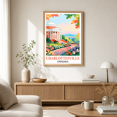 Charlottesville Virginia Travel Poster Retro Souvenir Wall Art Green Pink Orange Landscape Print Painting Ideal For Home Office Living Room Bedroom Decor Unframed | siriusteestore