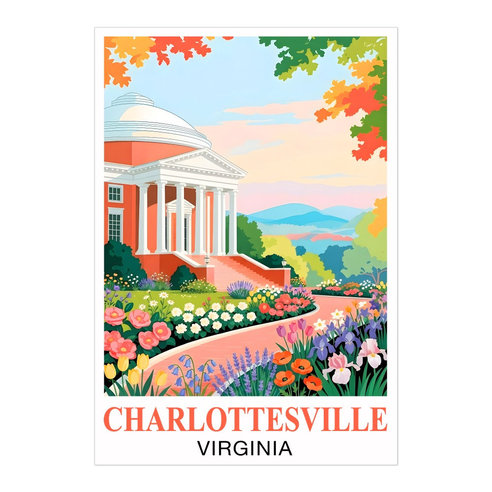 Charlottesville Virginia Travel Poster Retro Souvenir Wall Art Green Pink Orange Landscape Print Painting Ideal For Home Office Living Room Bedroom Decor Unframed | siriusteestore