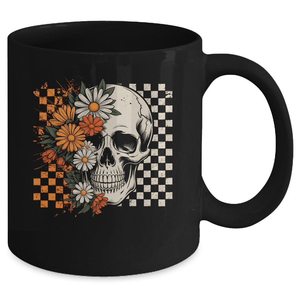 Checkered Boho Floral Skull Halloween Women Spooky Season Mug | siriusteestore