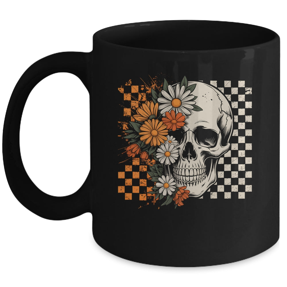 Checkered Boho Floral Skull Halloween Women Spooky Season Mug | siriusteestore