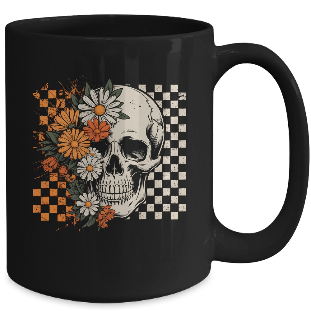Checkered Boho Floral Skull Halloween Women Spooky Season Mug | siriusteestore