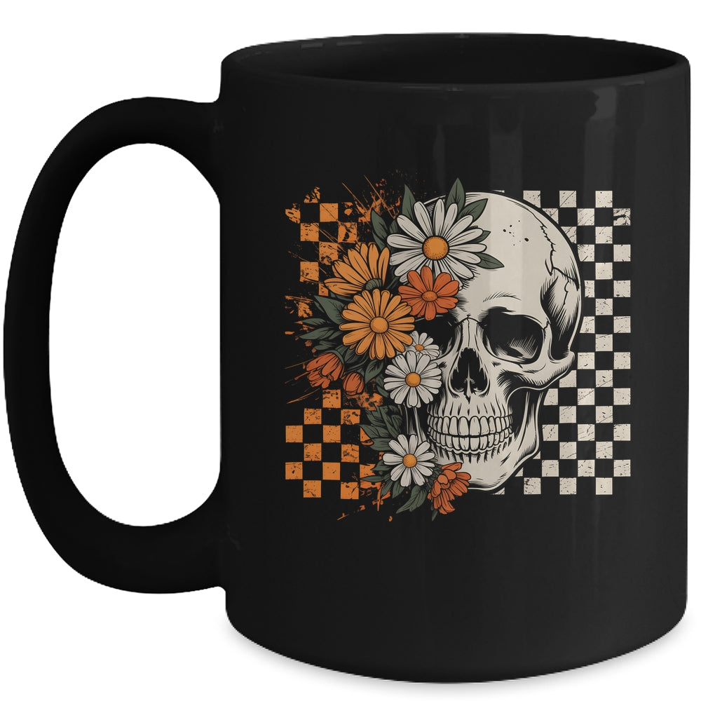 Checkered Boho Floral Skull Halloween Women Spooky Season Mug | siriusteestore