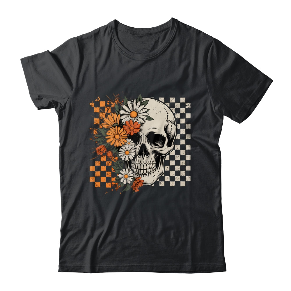 Checkered Boho Floral Skull Halloween Women Spooky Season Shirt & Hoodie | siriusteestore